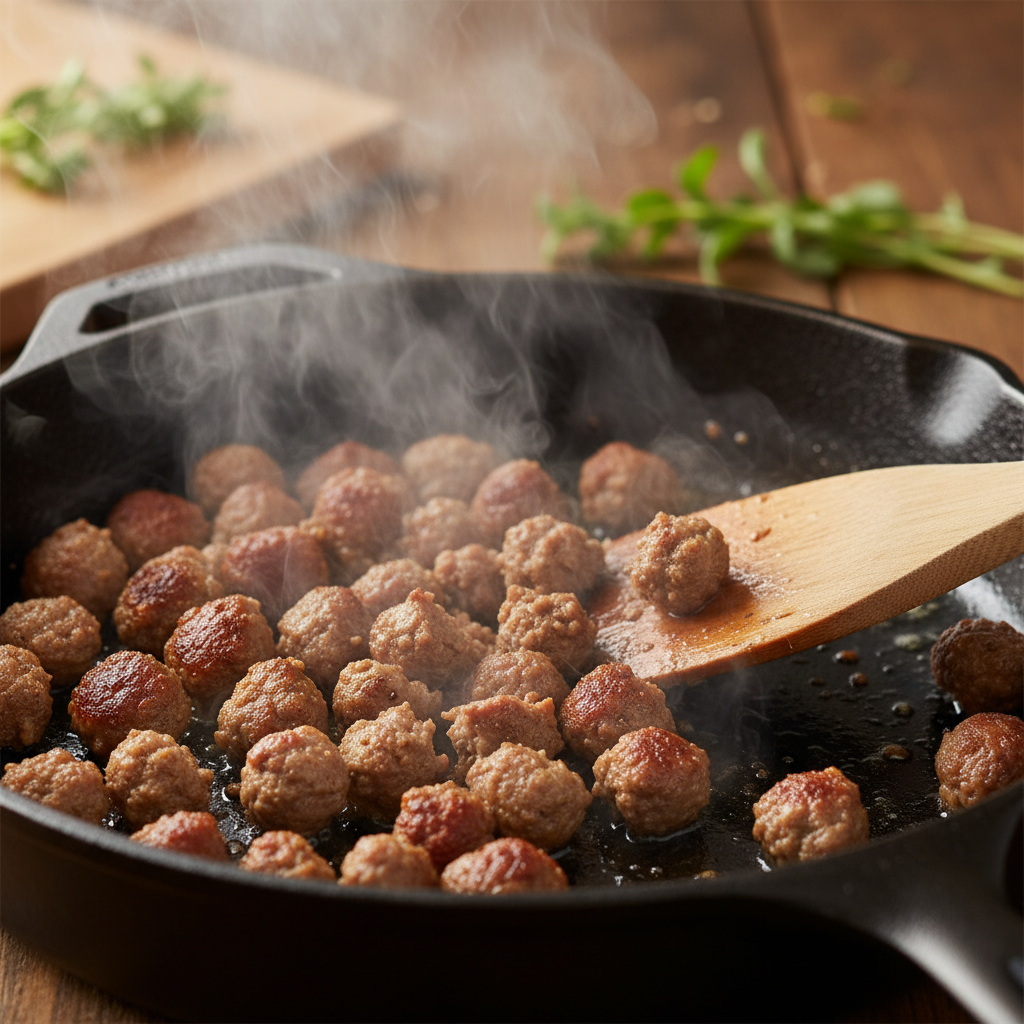 raw breakfast sausage being crumbled in cast iron skillet for keto casserole