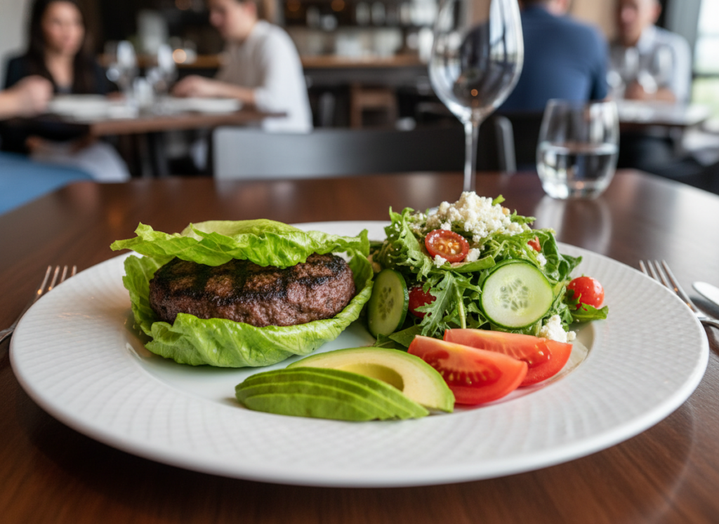 restaurant plate with bunless burger and side salad