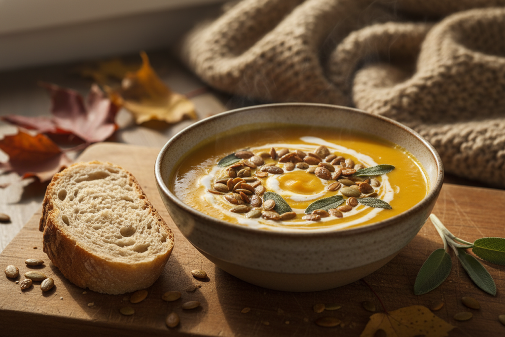 roasted butternut squash soup with pumpkin seeds and herbs