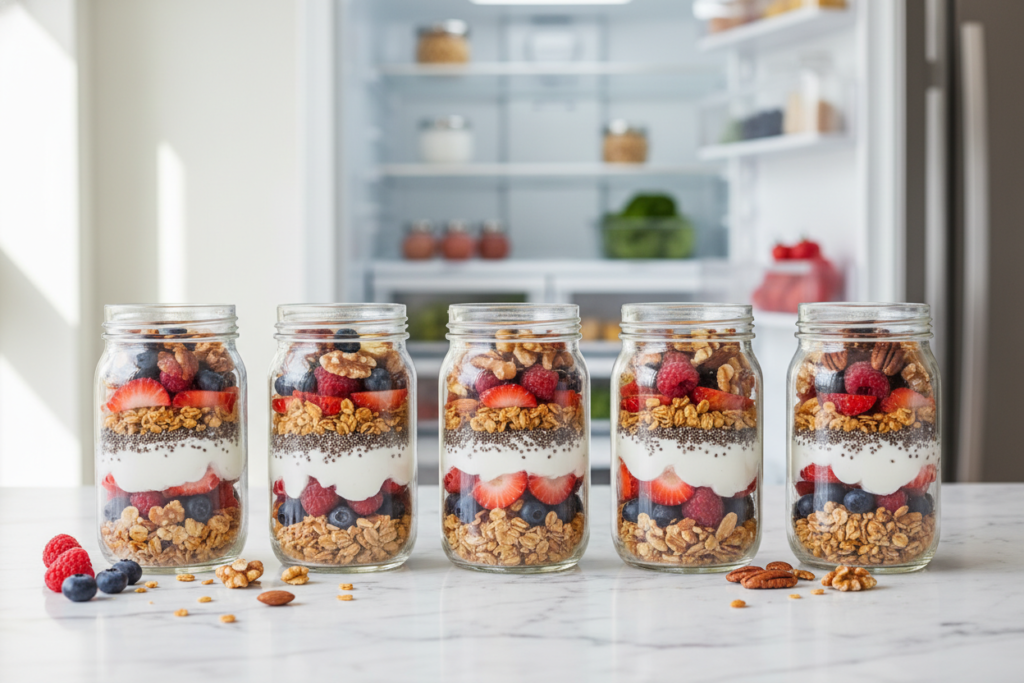 row of mason jars filled with layered yogurt parfaits ready for the week row of mason jars filled with layered yogurt parfaits ready for the week