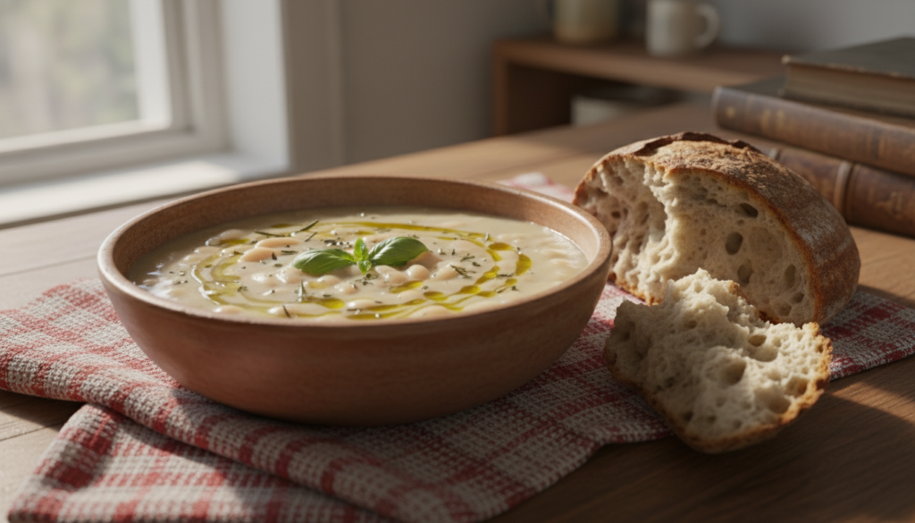 rustic white bean soup with herbs in ceramic bowl, crusty bread for dipping