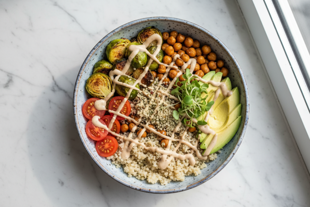 savory breakfast bowl with quinoa, roasted vegetables, and tahini dressing savory breakfast bowl with quinoa, roasted vegetables, and tahini dressing