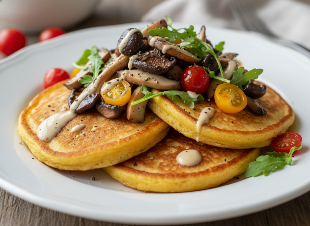 savory chickpea flour pancakes topped with sautéed mushrooms and fresh herbs savory chickpea flour pancakes topped with sautéed mushrooms and fresh herbs