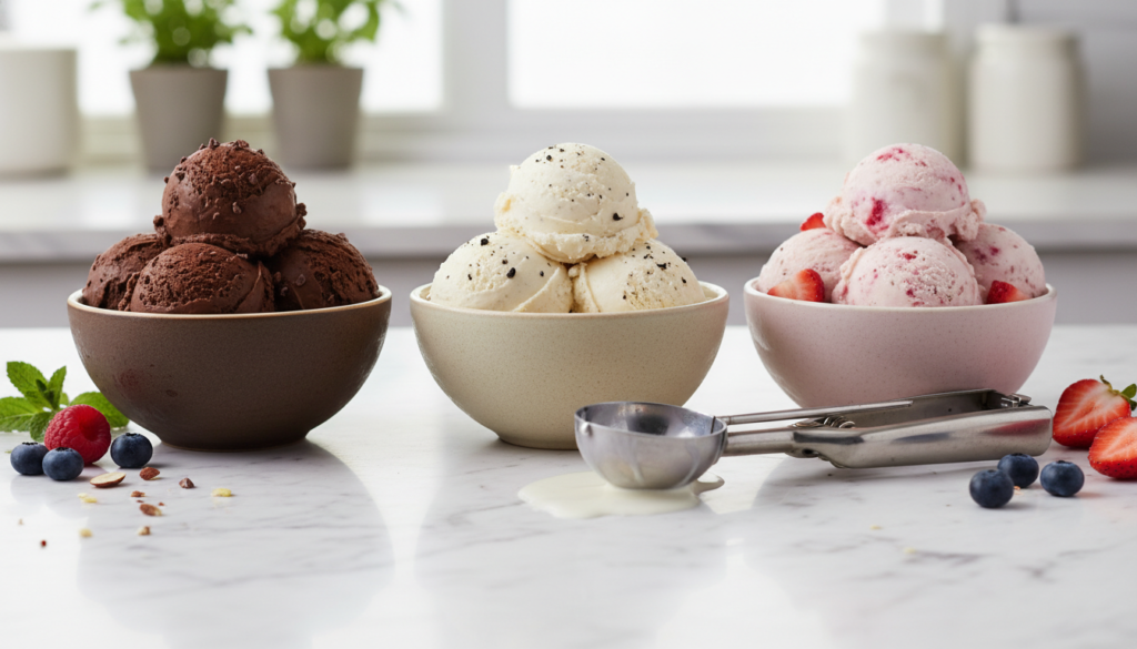 scoops of keto ice cream in bowls scoops of keto ice cream in bowls