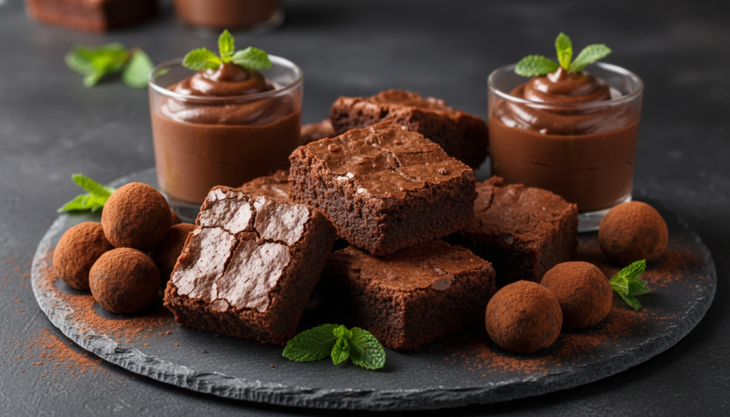 selection of keto chocolate desserts including brownies, truffles, and chocolate mousse