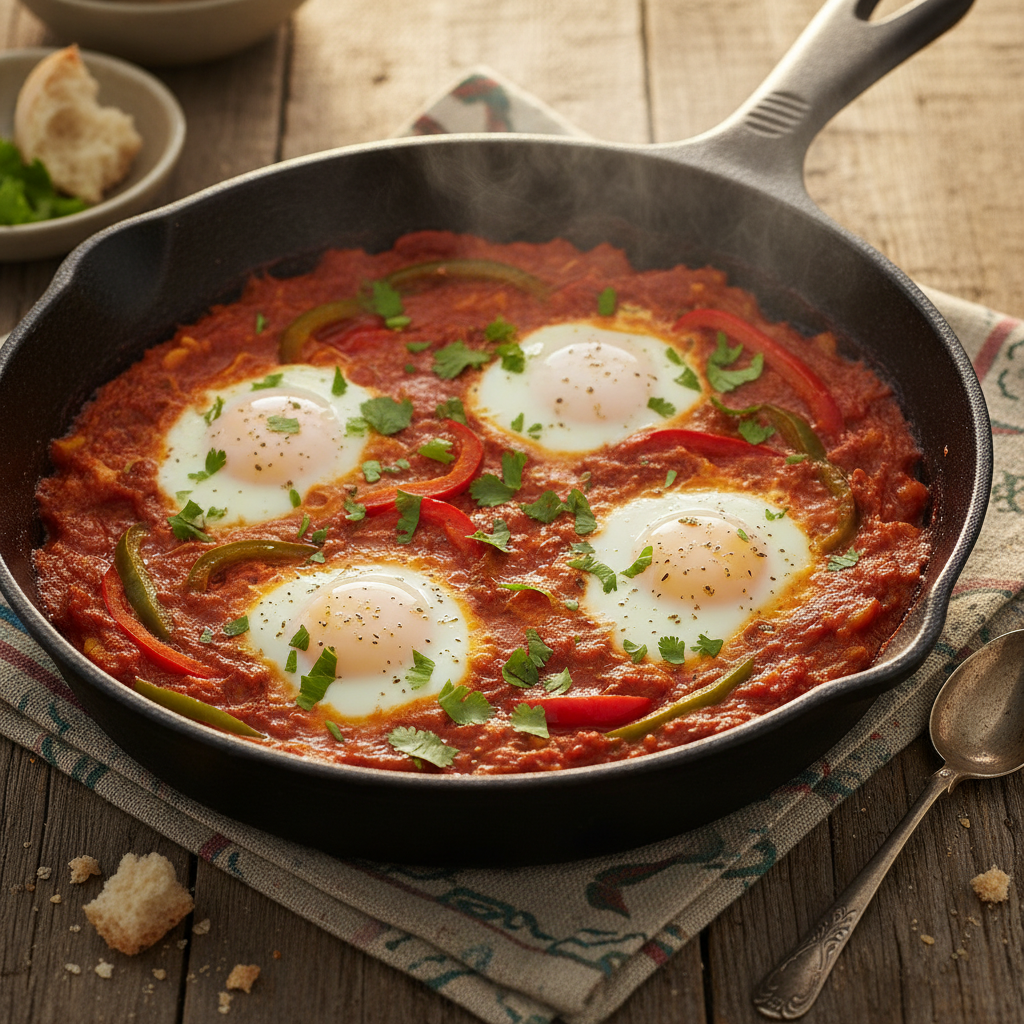 shakshuka with eggs poached in tomato sauce