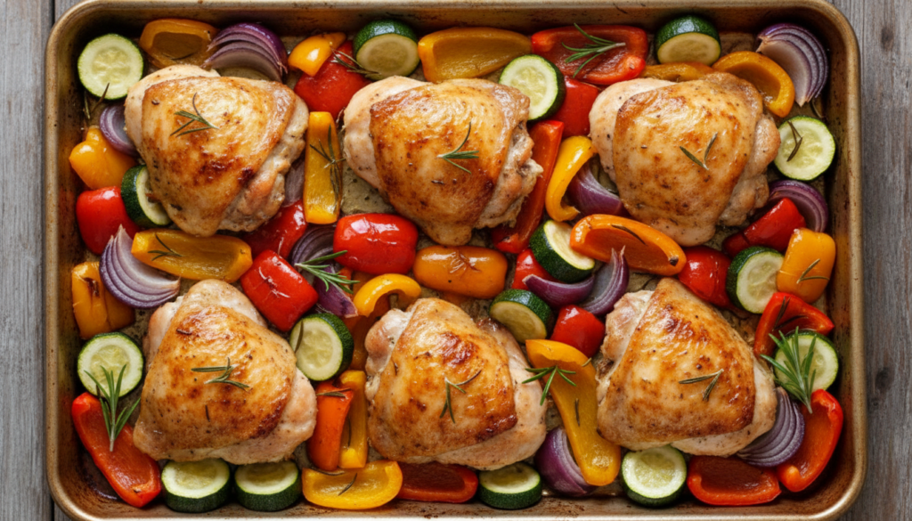 sheet pan dinner with chicken thighs and roasted vegetables