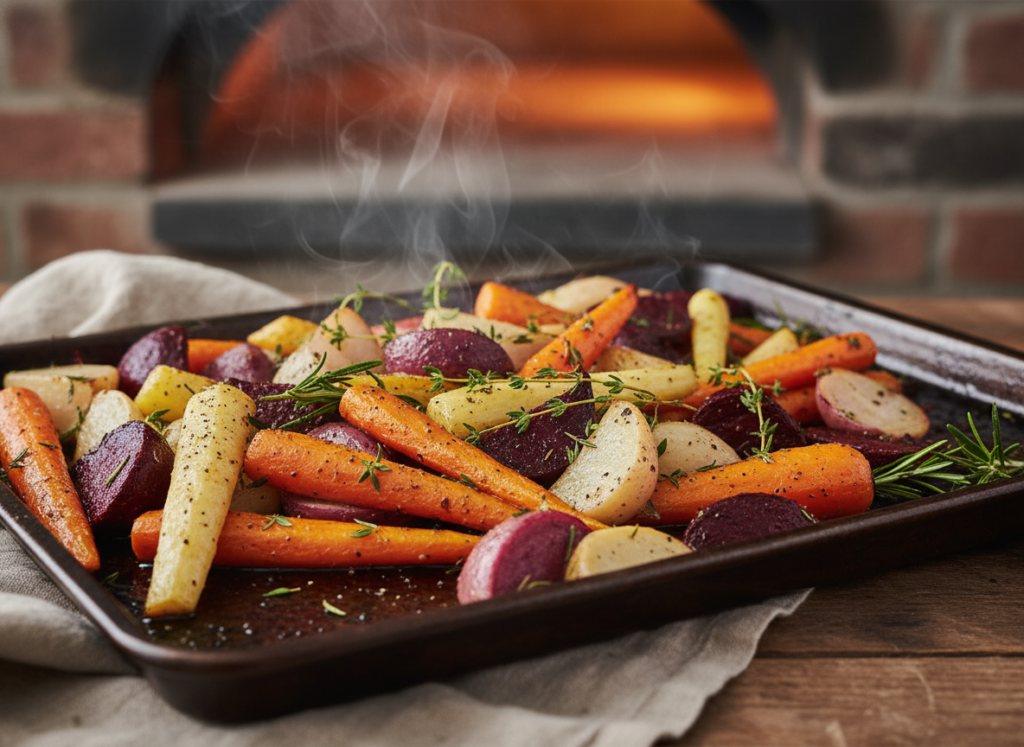 sheet pan of golden roasted root vegetables with herbs