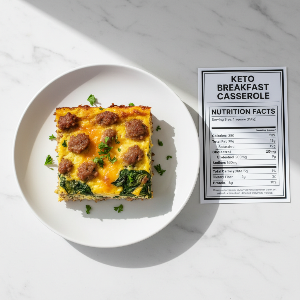 single portion of keto breakfast casserole on white plate with nutrition facts