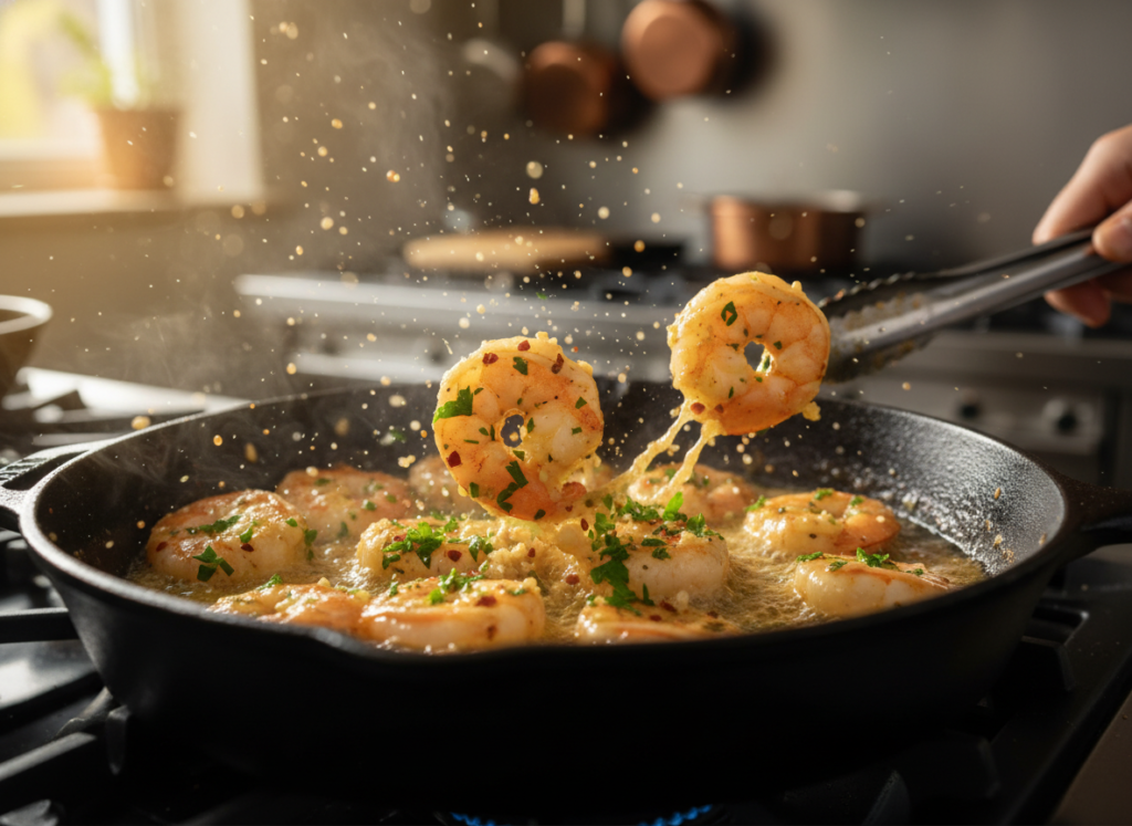 sizzling garlic butter shrimp in skillet with parsley sizzling garlic butter shrimp in skillet with parsley