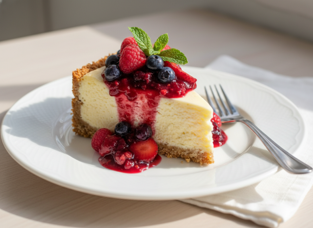 slice of keto cheesecake with berry compote topping