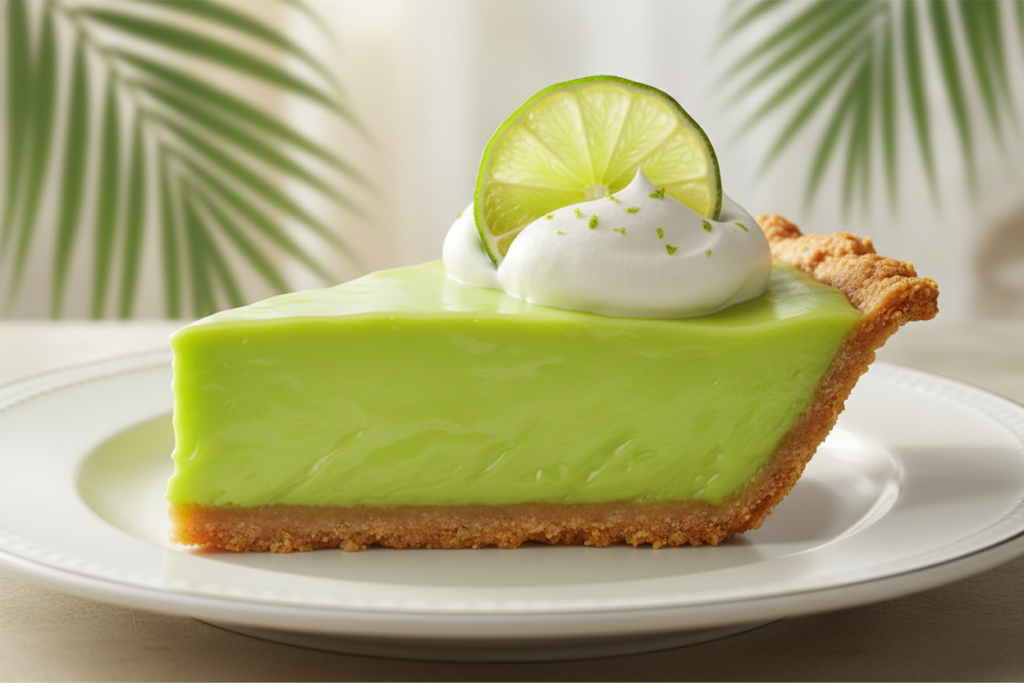 slice of keto key lime pie with lime garnish