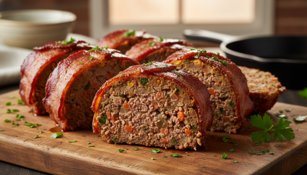 sliced bacon wrapped meatloaf showing juicy interior