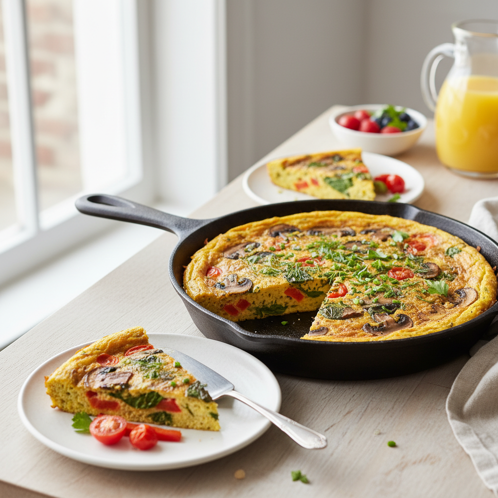sliced chickpea flour frittata loaded with colorful vegetables in a cast iron skillet sliced chickpea flour frittata loaded with colorful vegetables in a cast iron skillet
