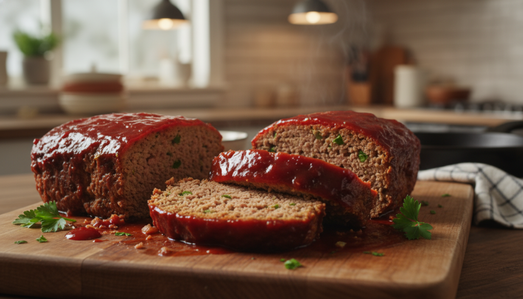 sliced keto meatloaf with sugar-free ketchup glaze