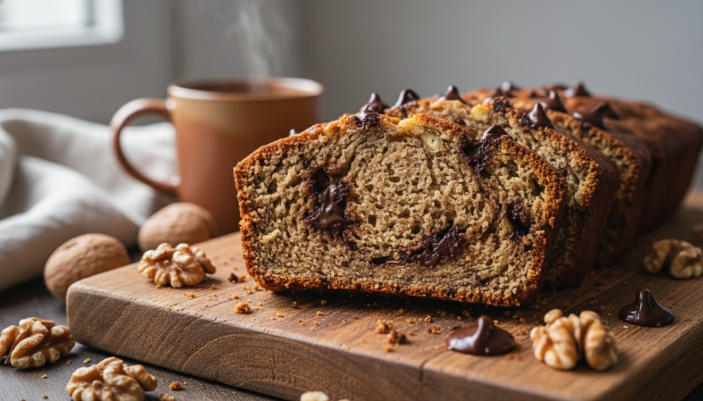 sliced vegan banana bread with melted chocolate chips on a wooden cutting board sliced vegan banana bread with melted chocolate chips on a wooden cutting board