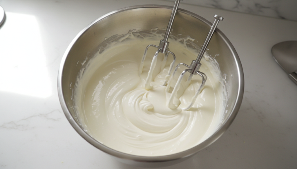 smooth unbaked cheesecake mixture in bowl