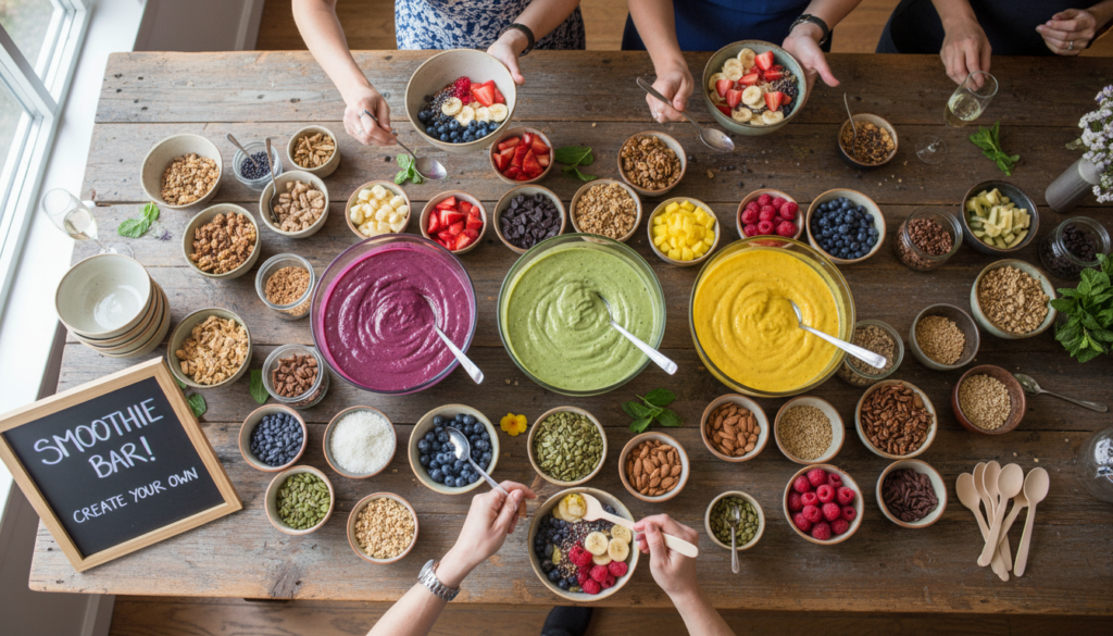smoothie bowl bar setup with various toppings in bowls and base options smoothie bowl bar setup with various toppings in bowls and base options
