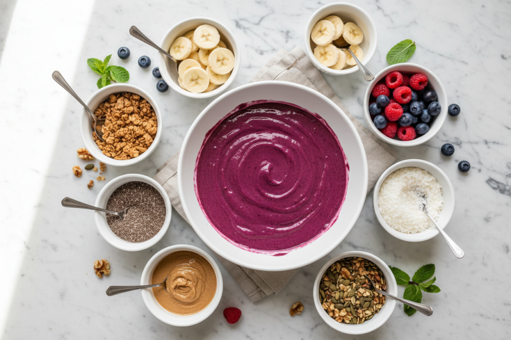 smoothie bowl bar setup with various toppings in small bowls