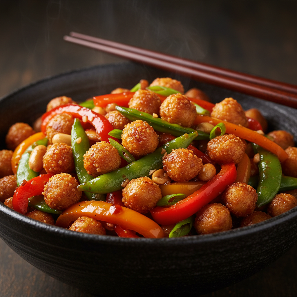 spicy kung pao chickpeas with vegetables, peanuts, and scallions in bowl