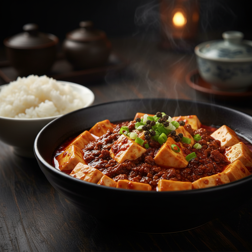 spicy mapo tofu in bowl with ground mushrooms, scallions, and sichuan peppercorns