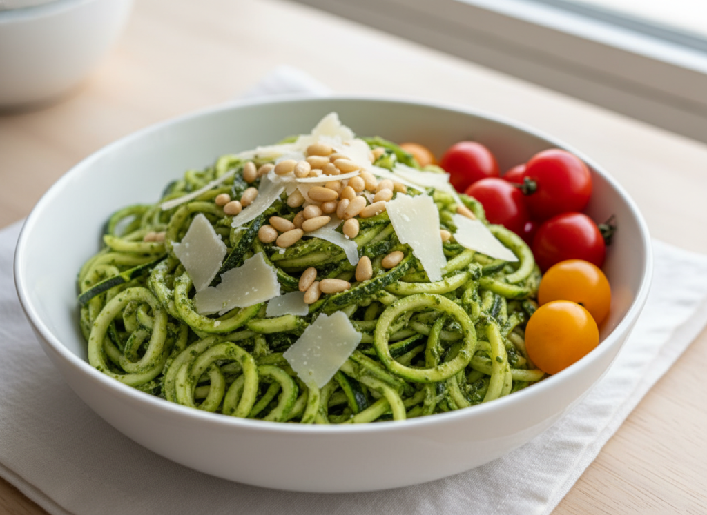 spiralized zucchini noodles tossed in basil pesto