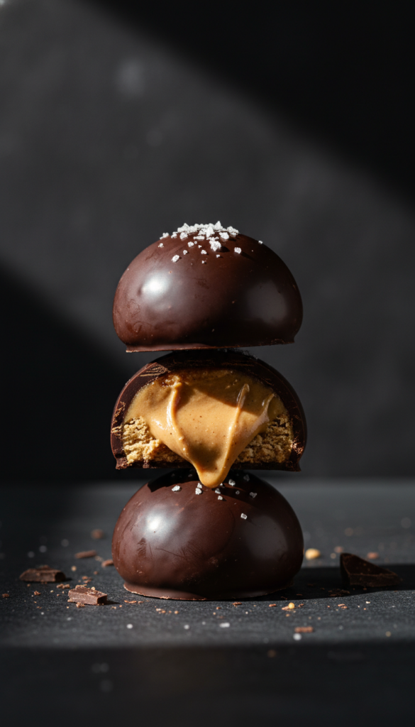stack of chocolate fat bombs showing interior