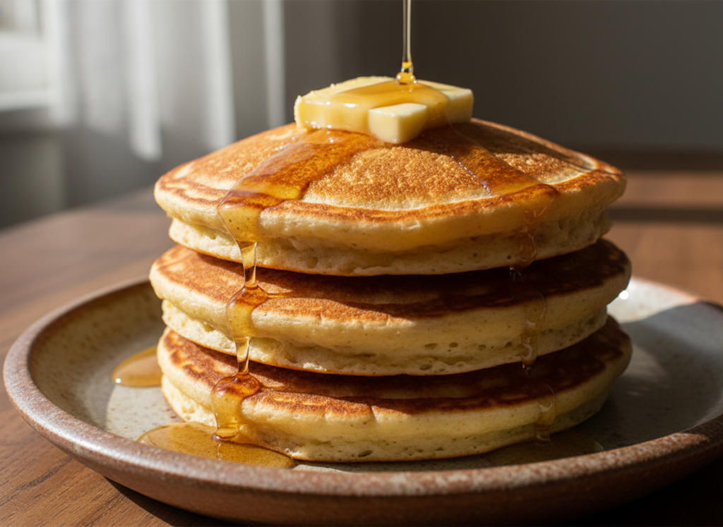 stack of fluffy keto cream cheese pancakes with butter melting on top