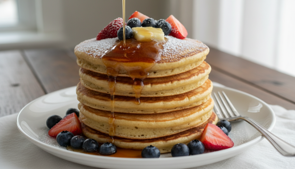 stack of fluffy vegan pancakes drizzled with maple syrup and topped with fresh berries