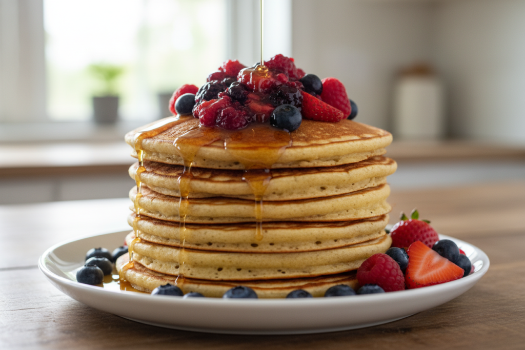 stack of fluffy vegan pancakes topped with fresh berry compote and maple syrup stack of fluffy vegan pancakes topped with fresh berry compote and maple syrup