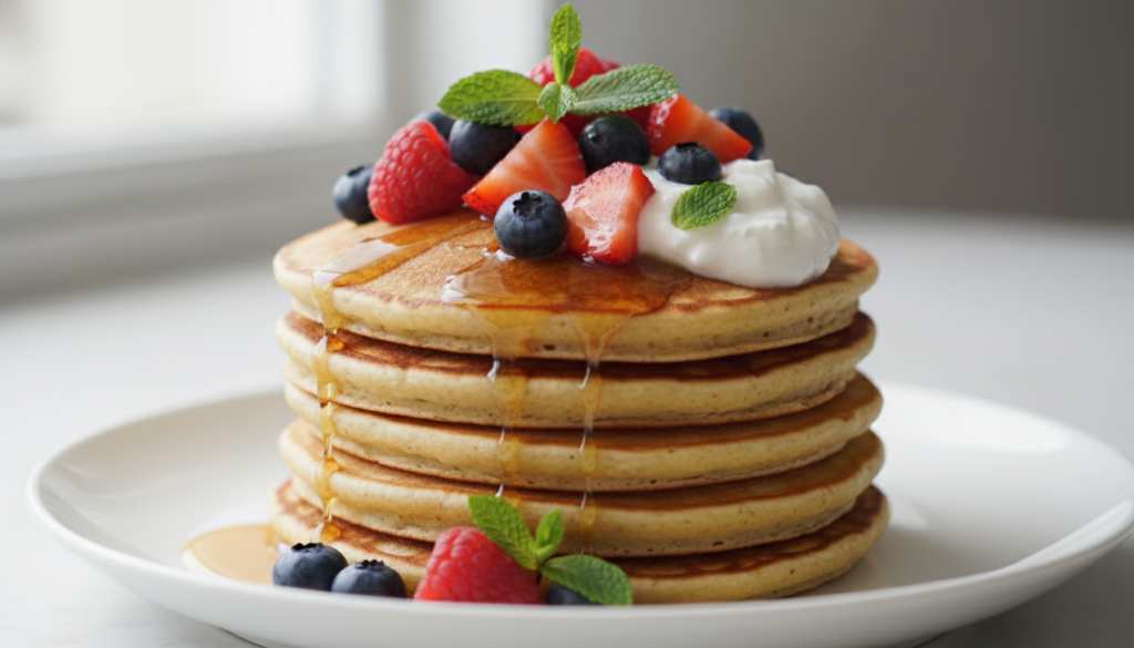 stack of gluten-free vegan pancakes with fresh berries and coconut yogurt