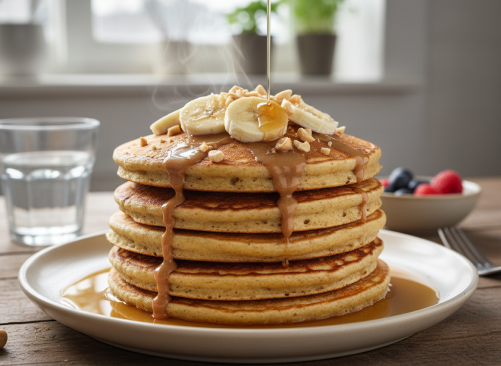 stack of protein pancakes with peanut butter and banana slices stack of protein pancakes with peanut butter and banana slices