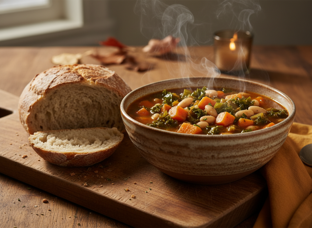 steaming bowl of hearty vegan soup with crusty bread on the side