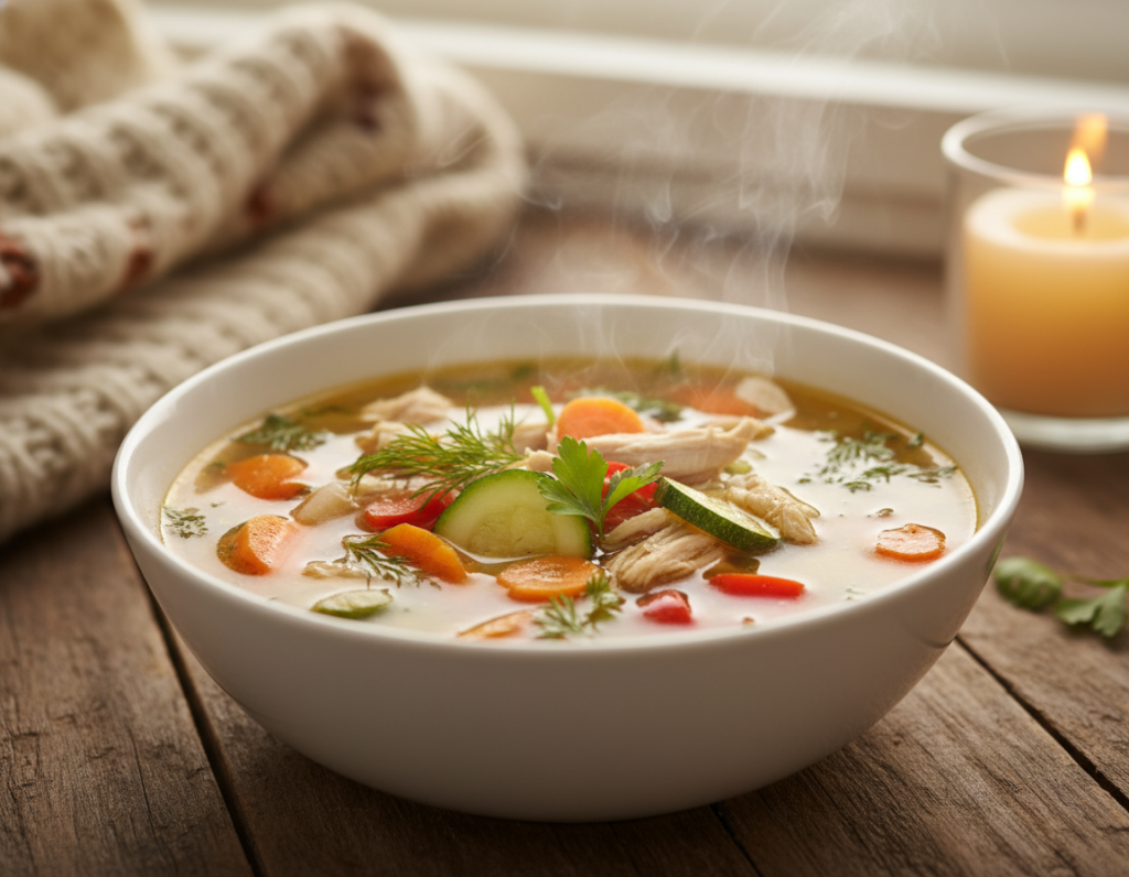 steaming bowl of keto chicken vegetable soup with fresh herbs steaming bowl of keto chicken vegetable soup with fresh herbs