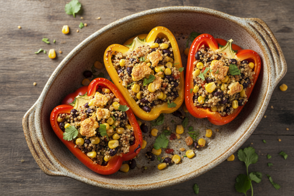 stuffed bell peppers filled with quinoa, black beans, corn, and topped with herbs