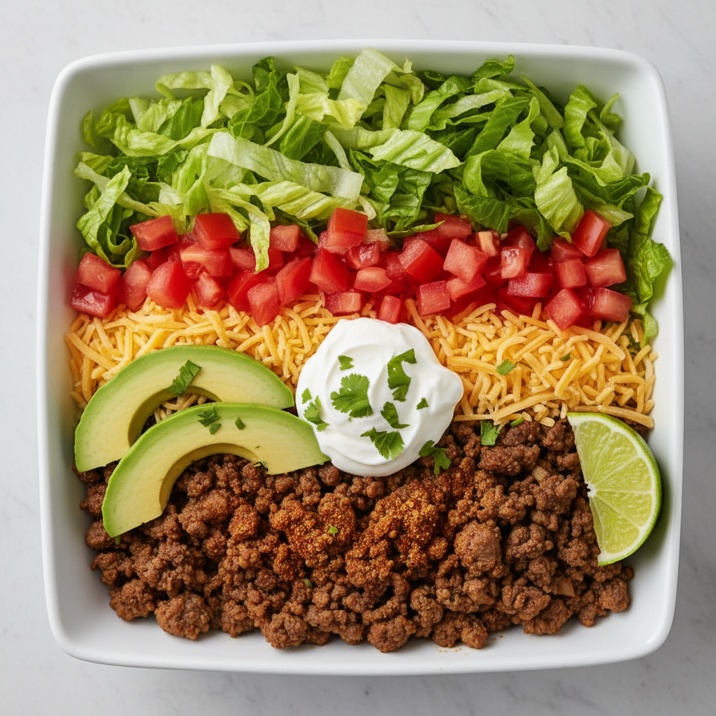 taco bowl with seasoned ground beef, lettuce, cheese, and avocado