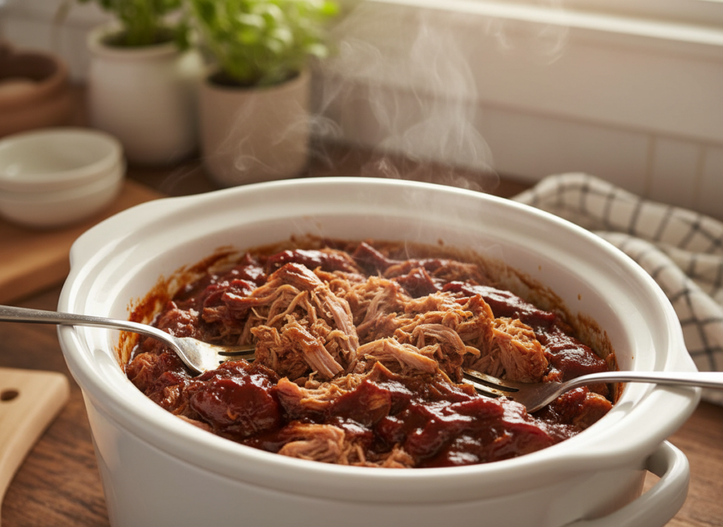 tender pulled pork in slow cooker with barbecue sauce