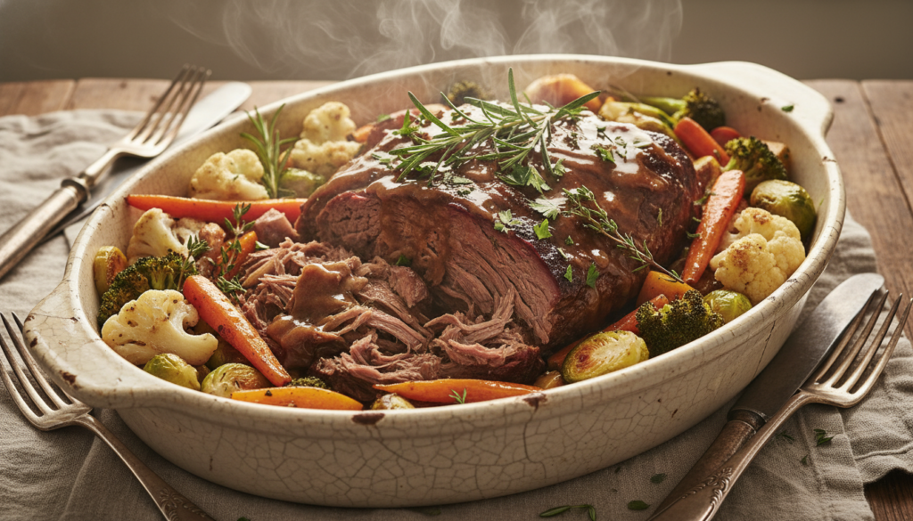 tender slow cooker pot roast with vegetables in ceramic dish tender slow cooker pot roast with vegetables in ceramic dish