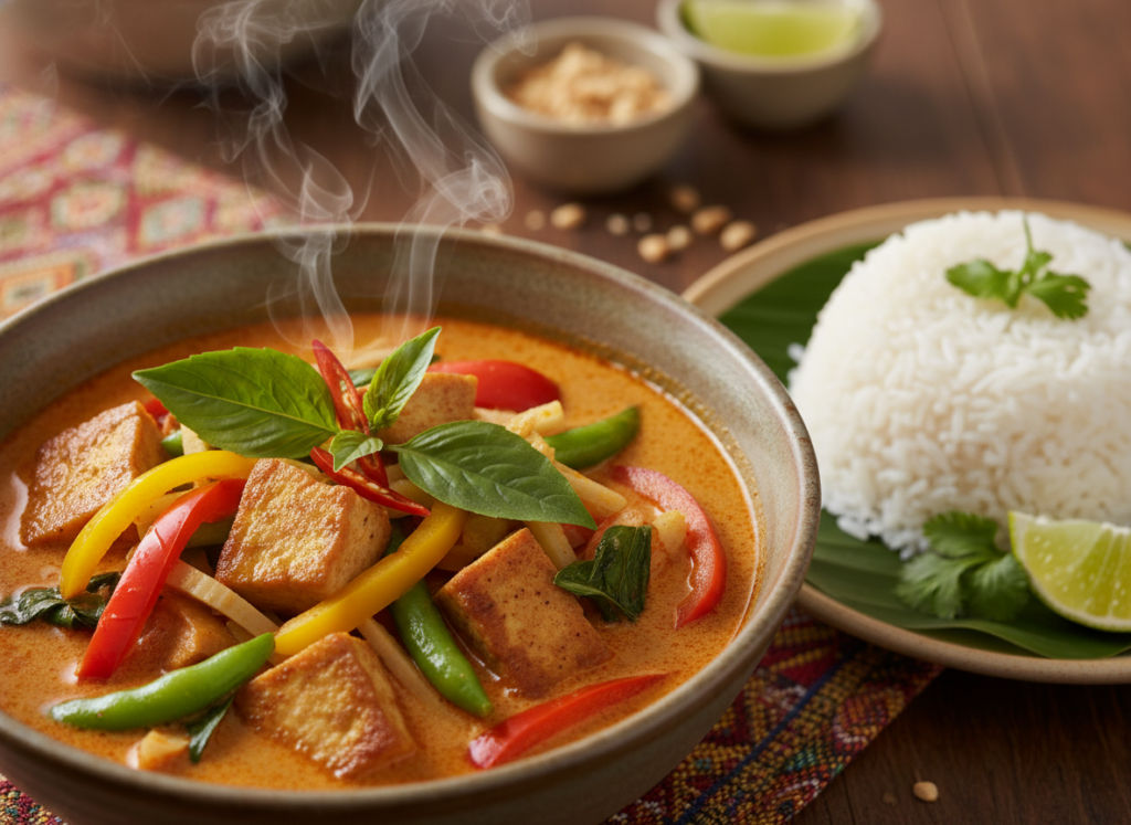 thai red curry with vegetables, tofu, and thai basil in bowl