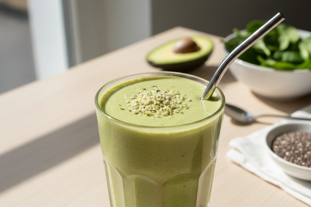 thick green keto protein smoothie in glass