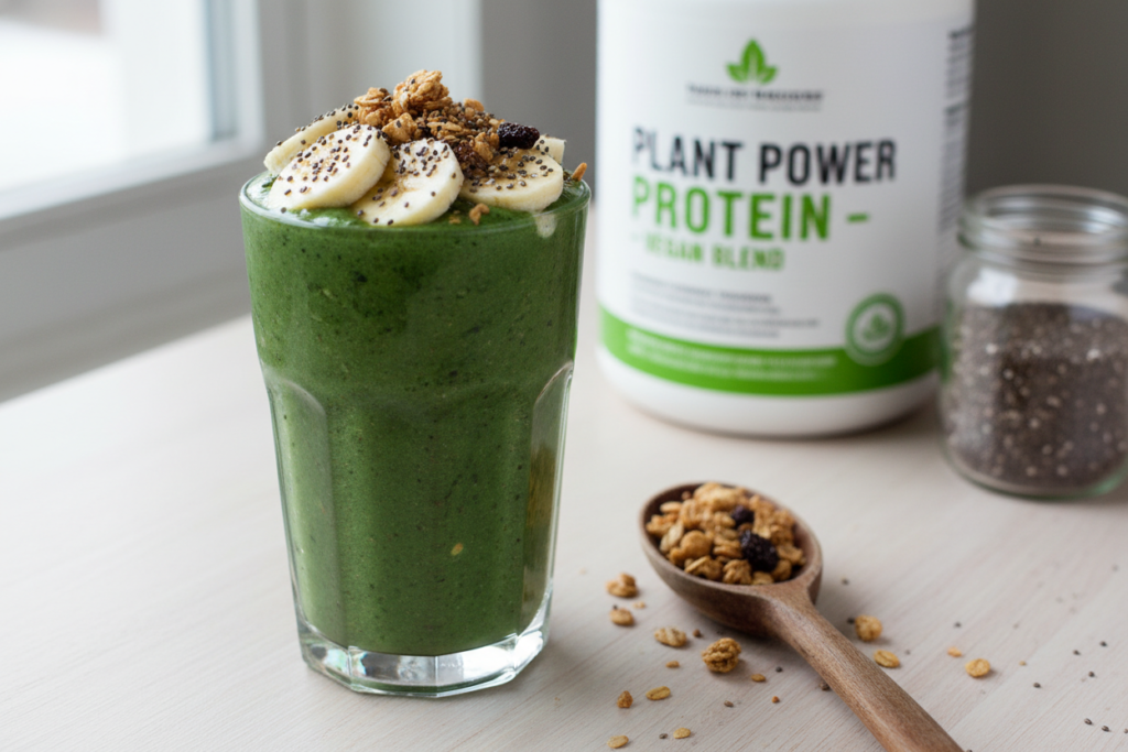 thick green protein smoothie in a glass with protein powder and spinach visible thick green protein smoothie in a glass with protein powder and spinach visible