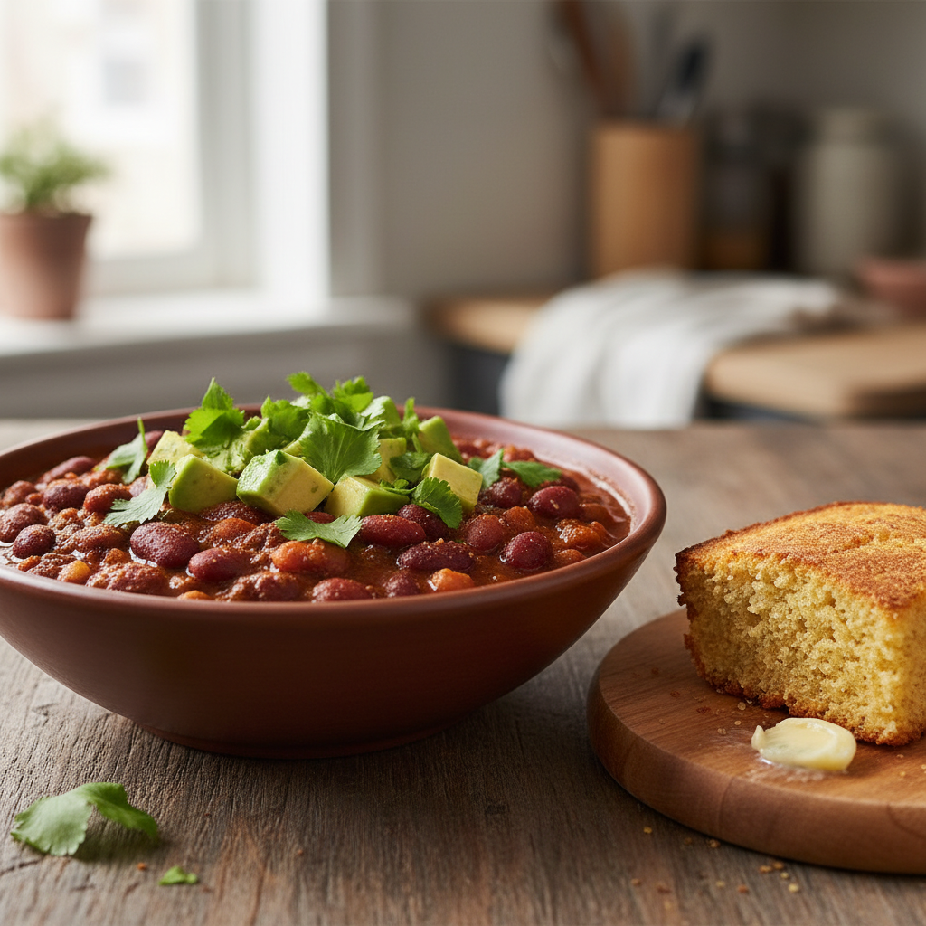 three bean vegan chili in bowl three bean vegan chili in bowl
