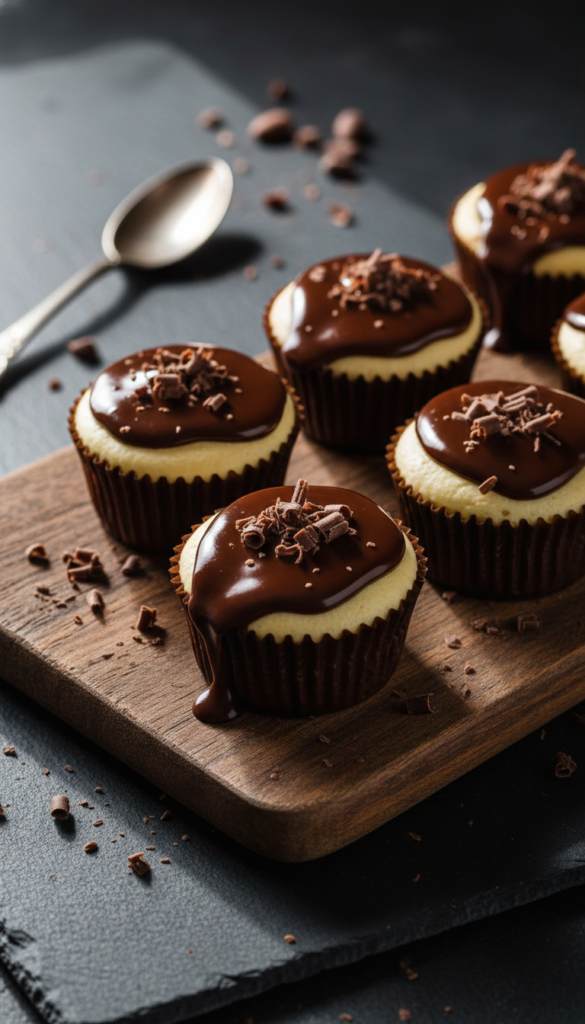 topped mini cheesecakes with chocolate ganache