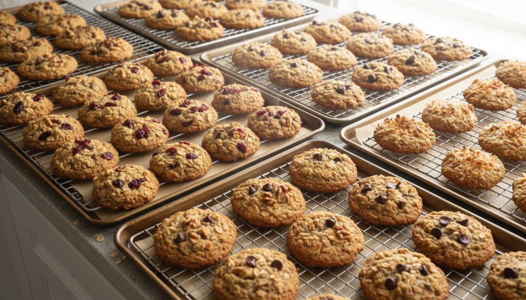 tray of baked breakfast cookies with oats, dried fruit, and nuts cooling on a rack tray of baked breakfast cookies with oats, dried fruit, and nuts cooling on a rack
