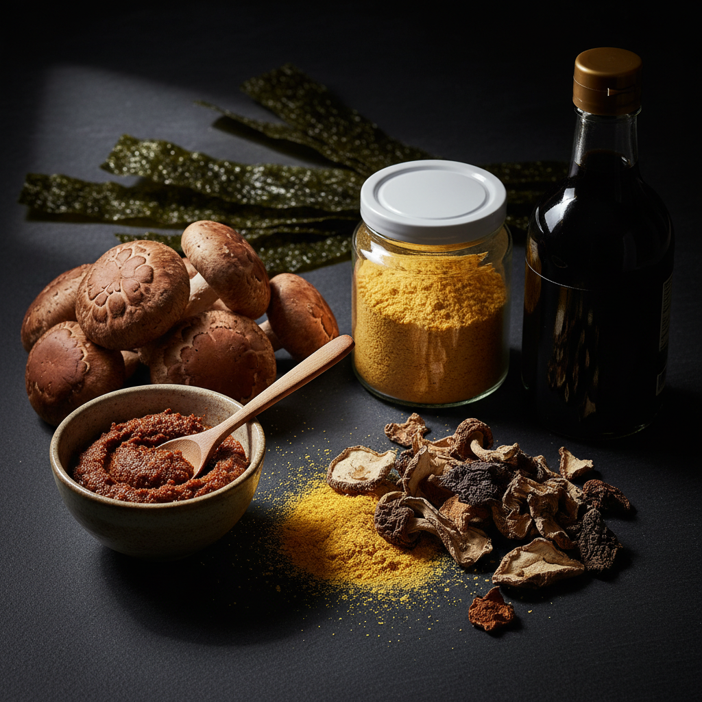 umami-rich ingredients including mushrooms, miso paste, soy sauce, and nutritional yeast