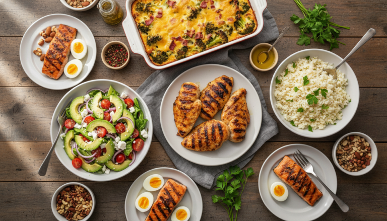 variety of colorful keto recipes for beginners arranged on a wooden table