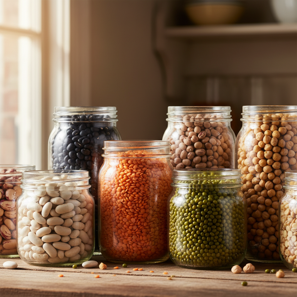variety of dried beans, lentils, and chickpeas in glass jars showing different colors and textures