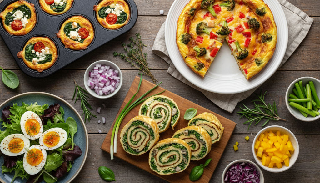 variety of egg dishes including cups, frittata, and omelet