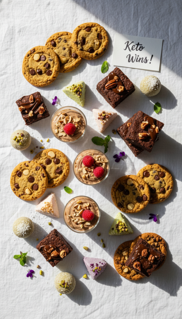 variety of finished keto desserts on table
