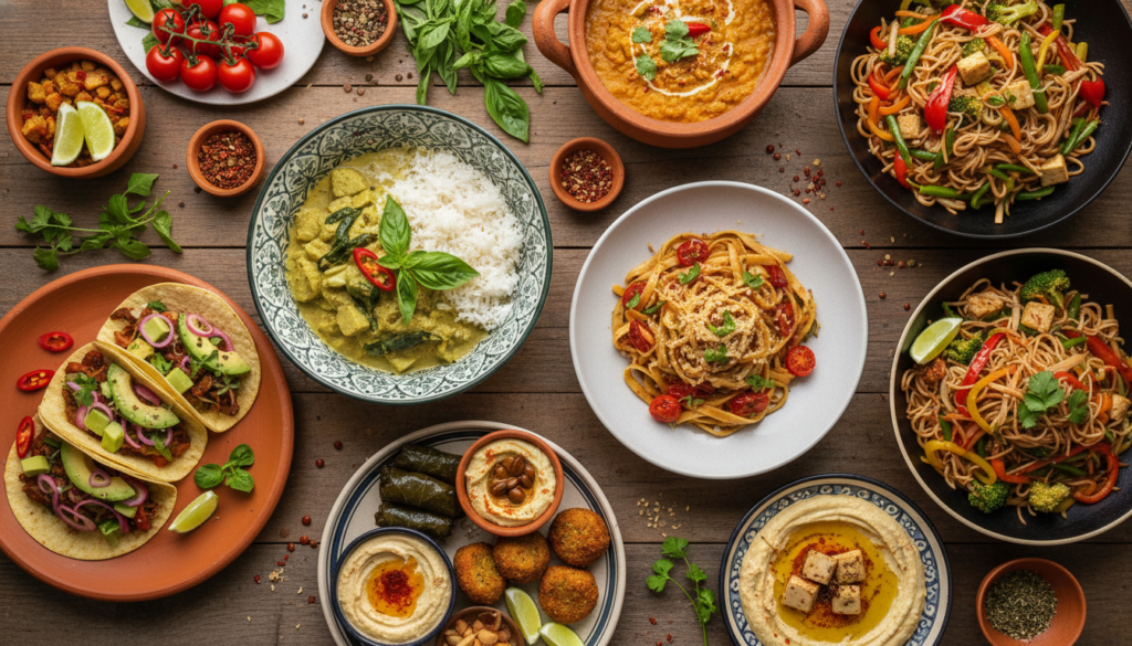 variety of international vegan dishes from different cuisines arranged on table